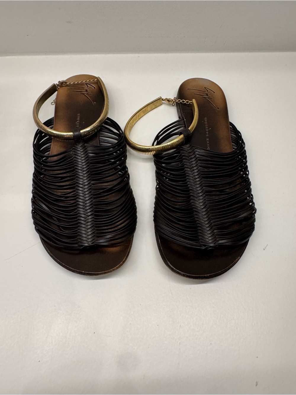 Giuseppe Zanotti Black Woven Slide Sandals with Gold Ankle Cuffs